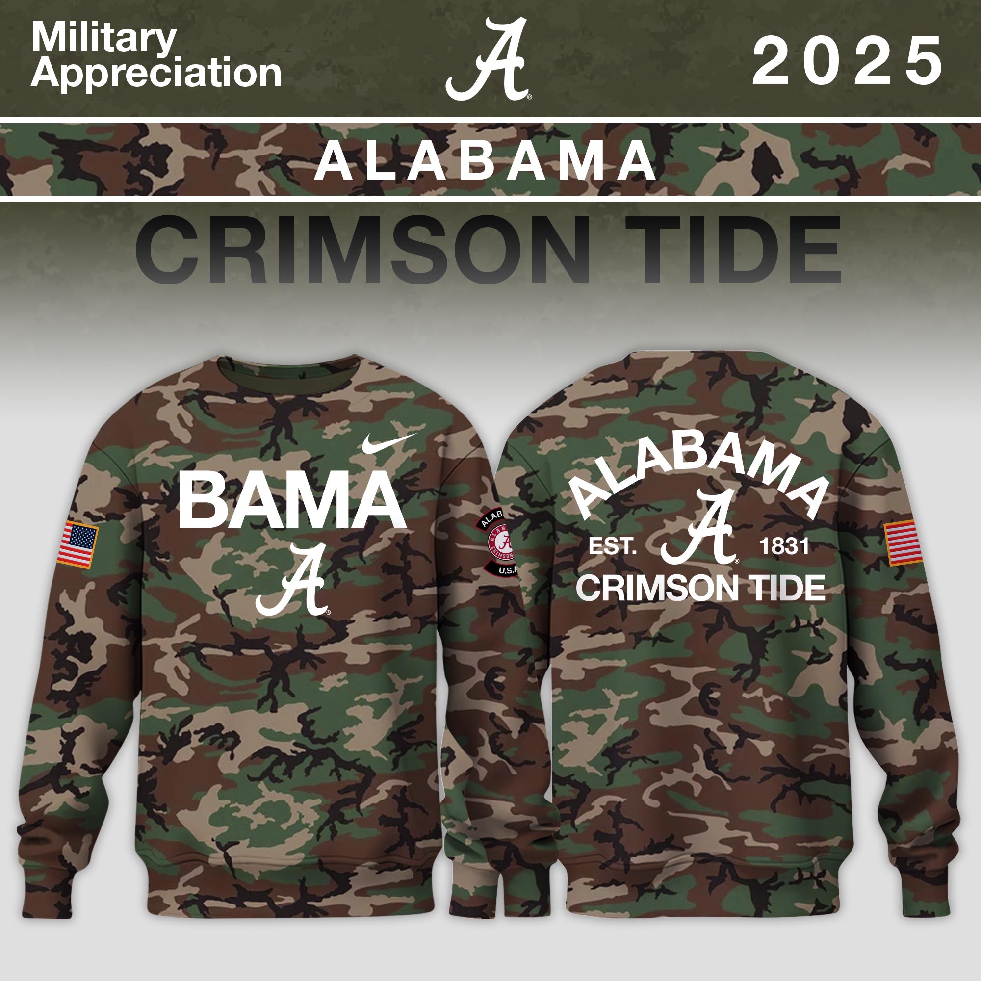 _ Alabama Crimson Tide 2025 Military Appreciation Limited Edition Sweatshirt - Camo
