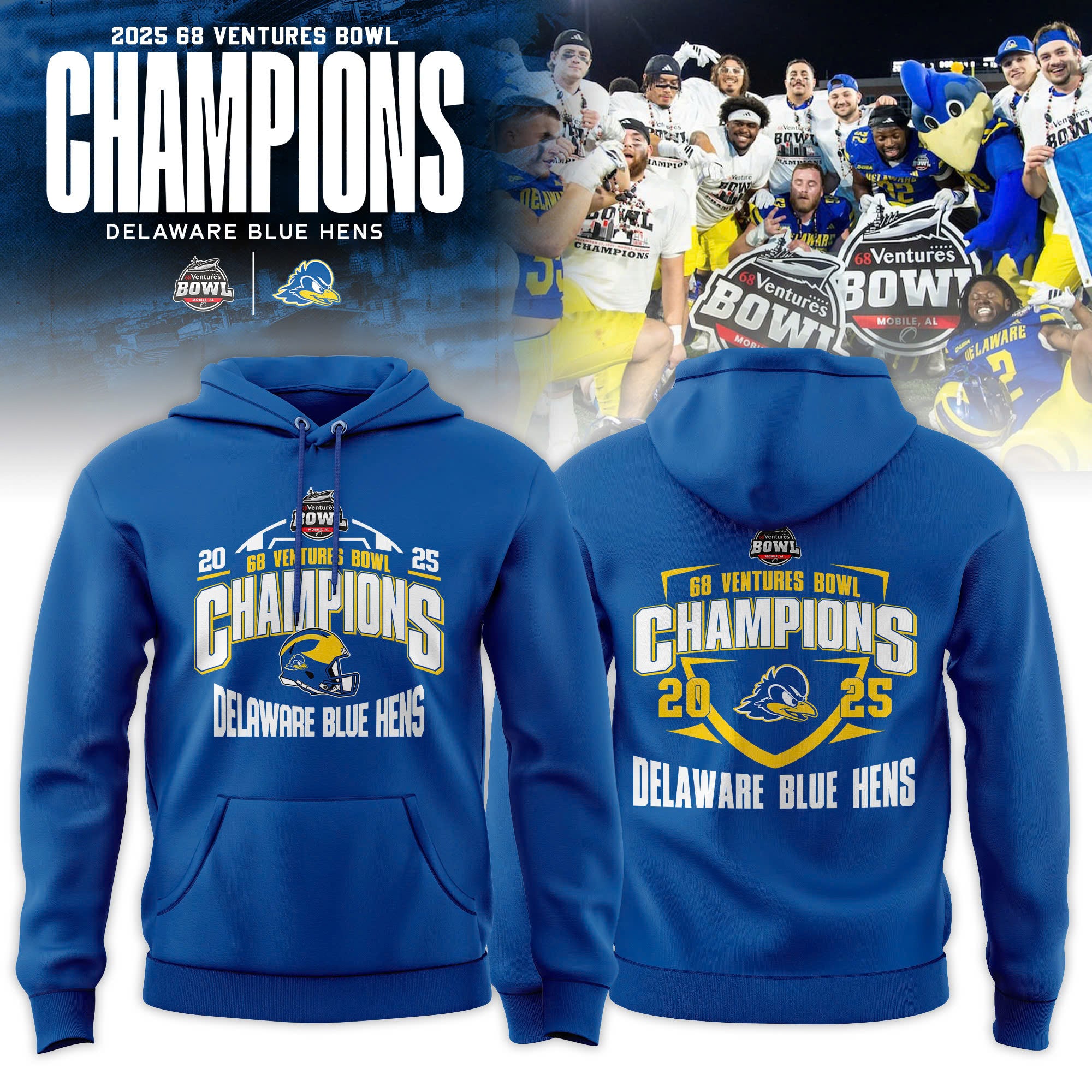 Delaware Fightin' Blue Hens 2025 68 Ventures Bowl Champions Hoodie