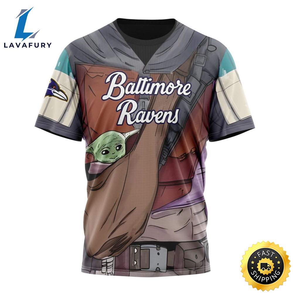 NFL Baltimore Ravens Custom Name Number Mandalorian And Baby Yoda T-Shirt
