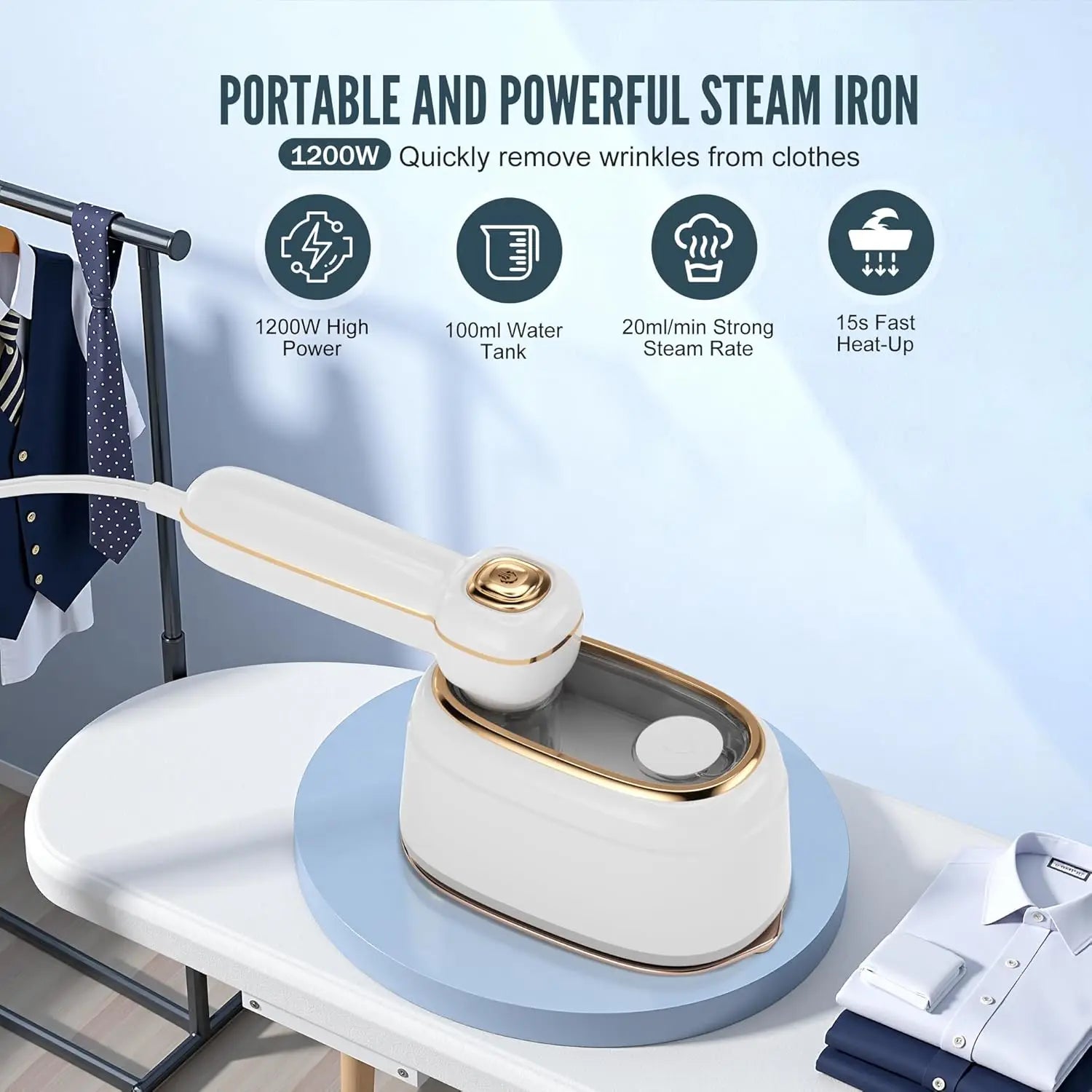 Travel Steamer for Clothes, 1200W Mini Handheld Iron with Fast Heating and Wrinkle Remover, Perfect for On-the-Go Use