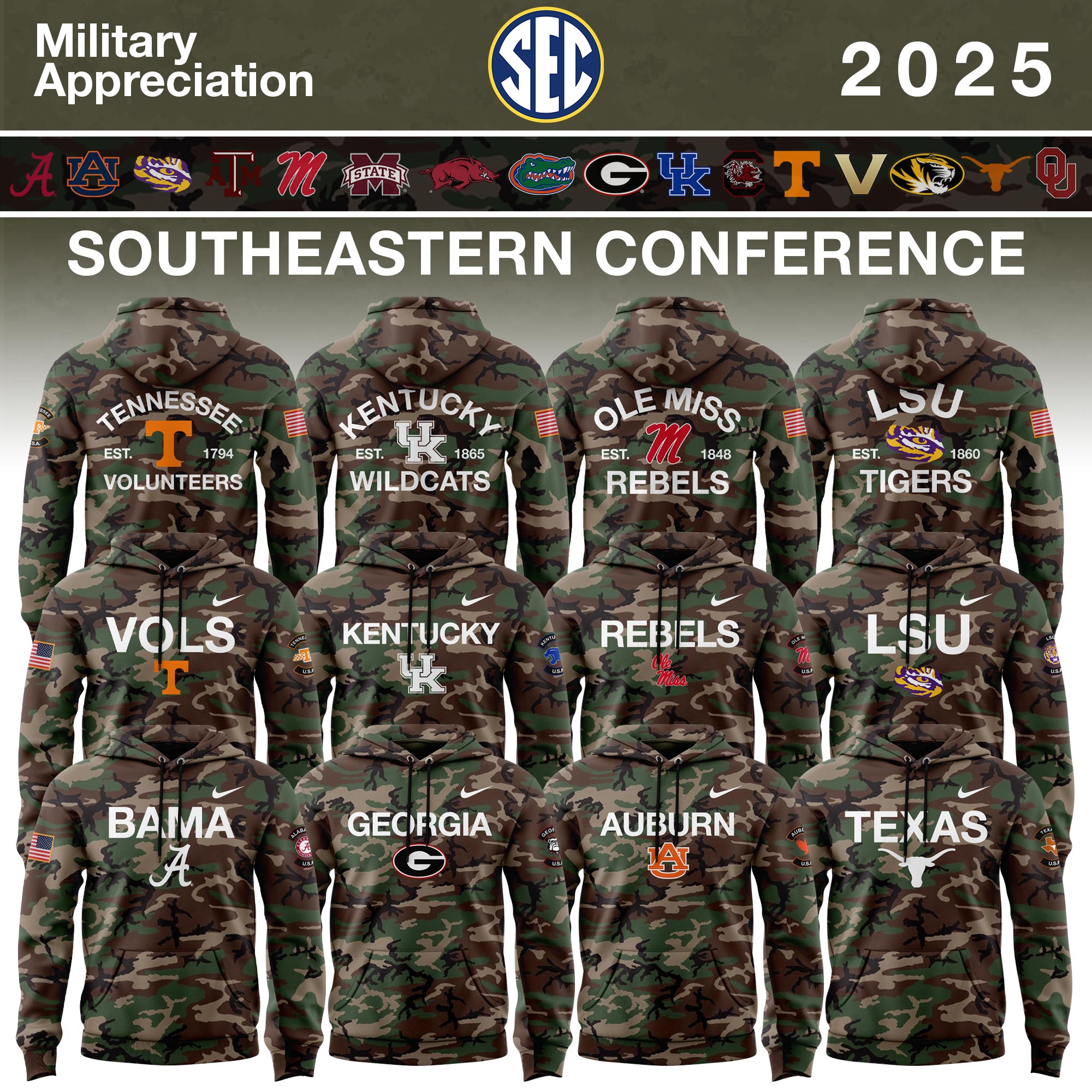 Southeastern Conference Teams 2025 Military Appreciation Limited Edition Hoodie - Camo