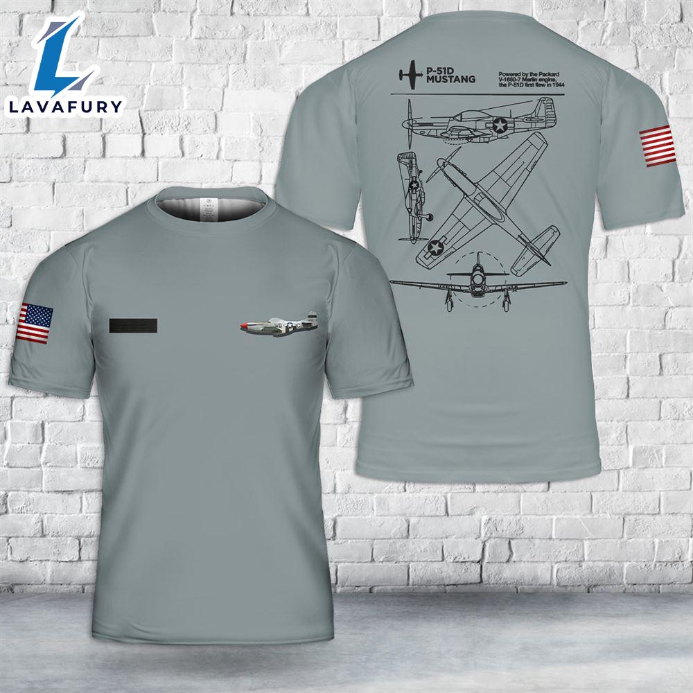 Custom Name North American P-51D Mustang WW2 T-Shirt 3D 4th Of July Shirt