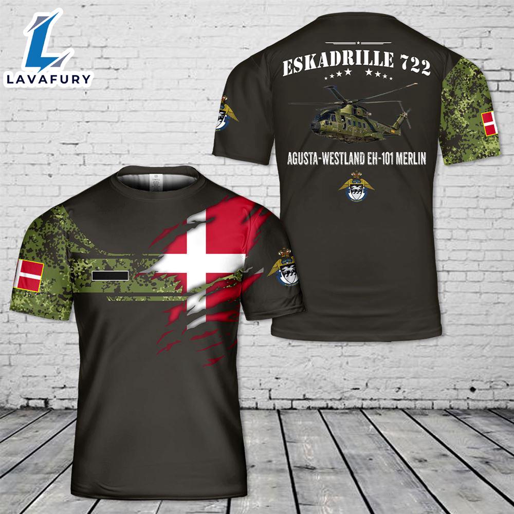 Custom Name Royal Danish Air Force Eskadrille 722 Agusta-Westland EH-101 Merlin T-Shirt 3D 4th Of July