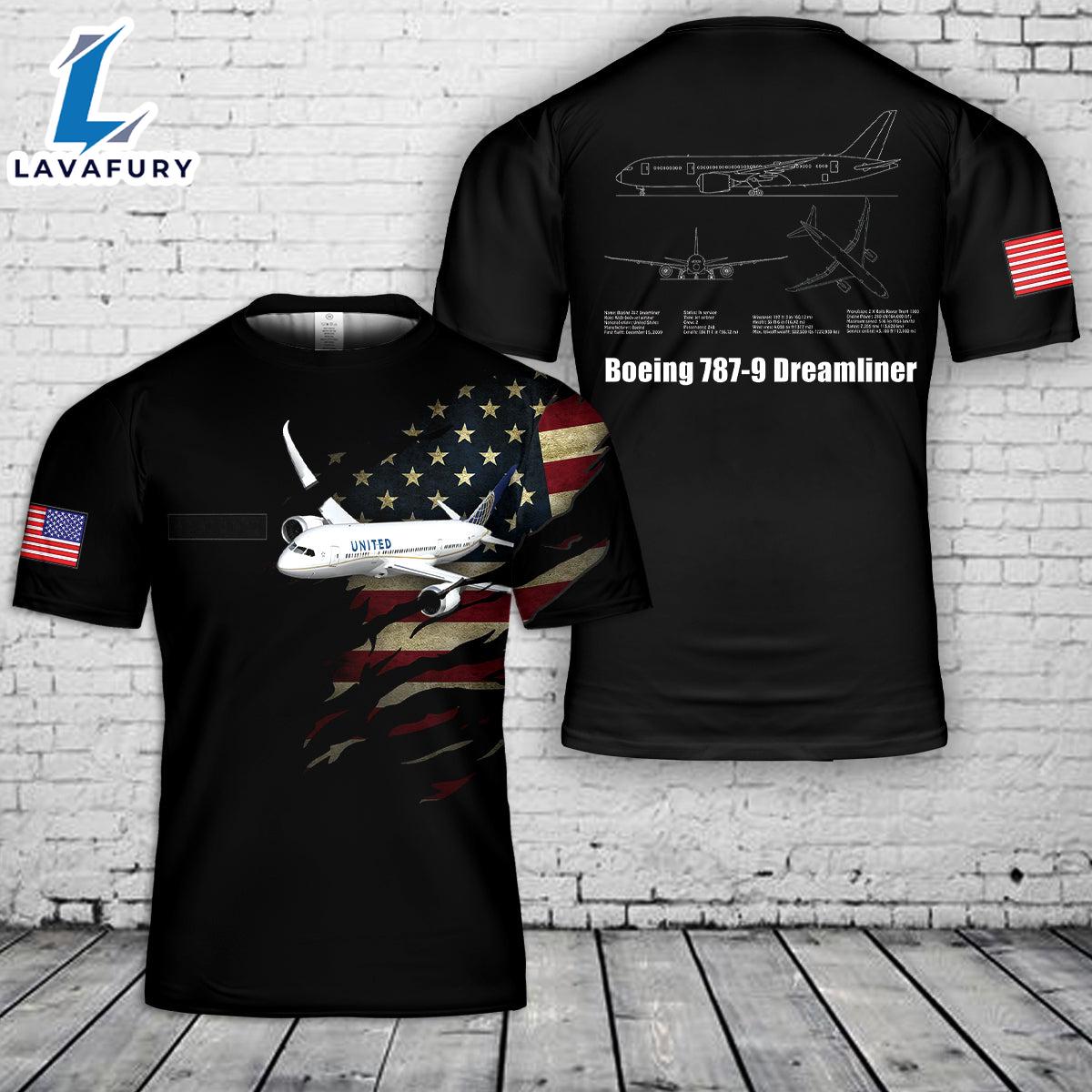 Custom Name United Airlines Boeing 787-9 Dreamliner T-Shirt 3D 4th Of July Shirt