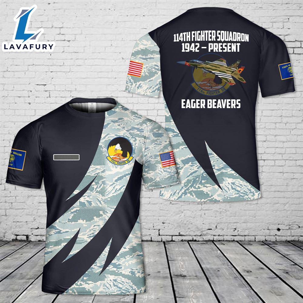 Custom Name US Air Force Oregon Air National Guard, 114th Fighter Squadron, F-15C Eagle Kingsley T-Shirt 3D 4th Of July