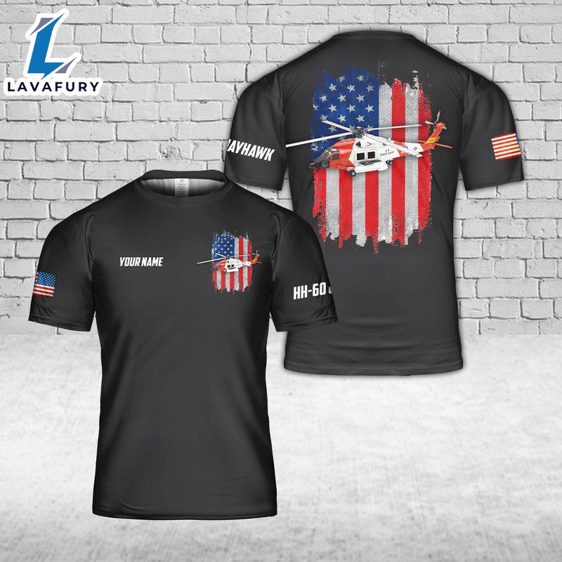 Custom Name US Coast Guard Sikorsky HH-60 Jayhawk Helicopter 3D T-Shirt 4th Of July Shirt