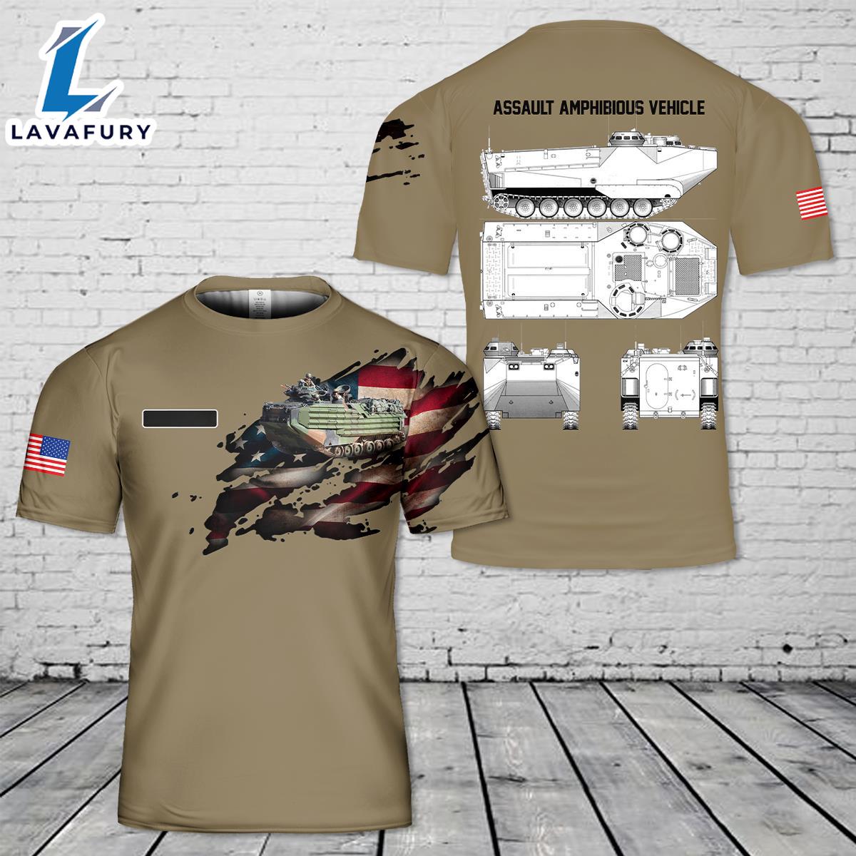 Custom Name U.S. Marine Corps Assault Amphibious Vehicle AAV T-Shirt 3D 4th Of July Shirt