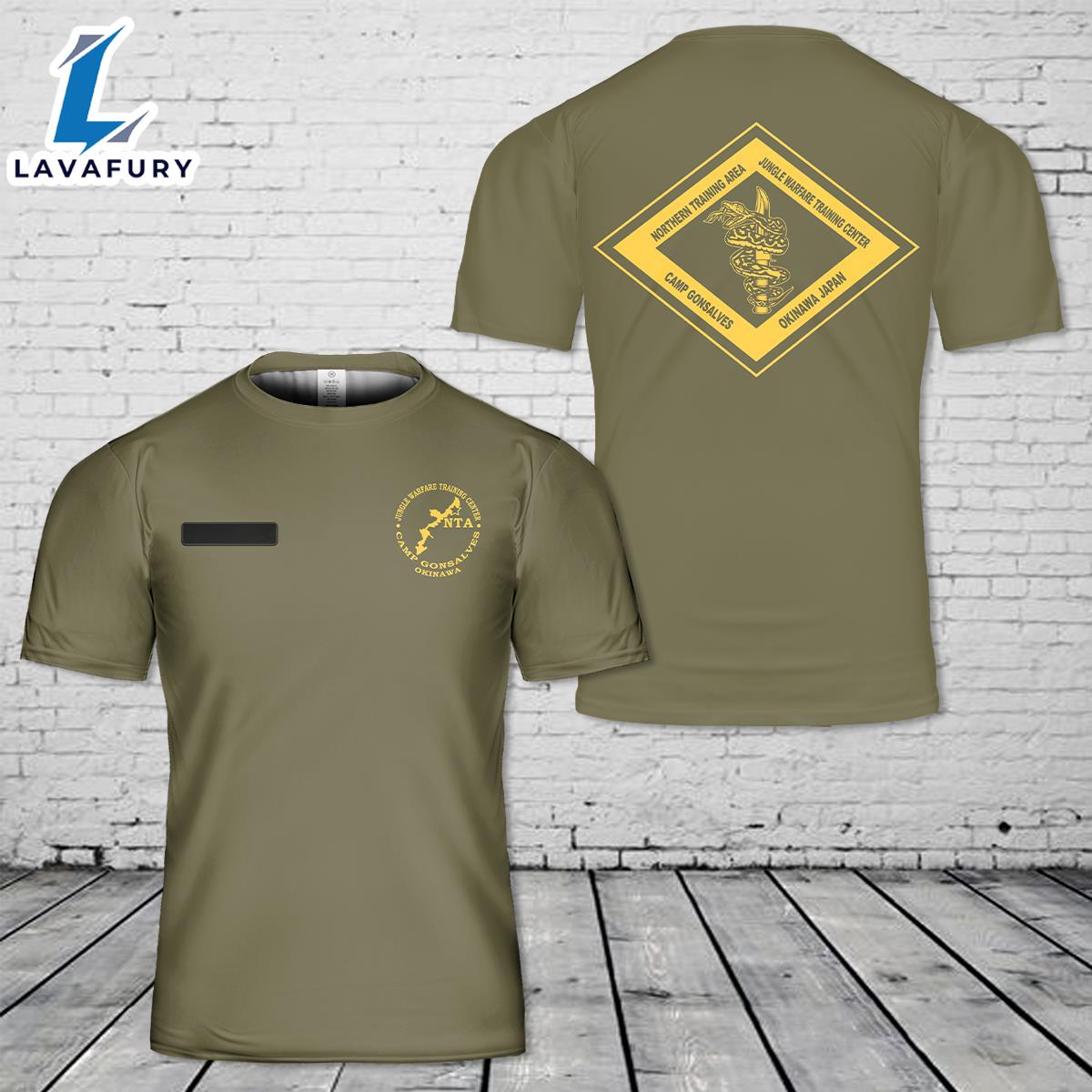 Custom Name US Marine Corps Jungle Warfare Training School - NTA Northern Training Area Okinawa Camp Gonsalves T-Shirt 3D 4th Of July Shirt