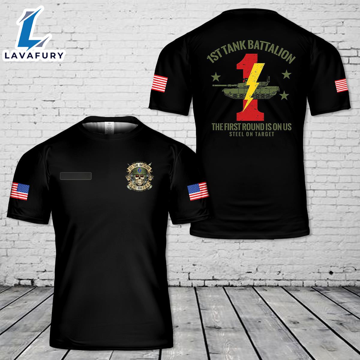 Custom Name USMC M1A1 TUSK 1st Tank Battalion, 1st Marines Division T-Shirt 3D 4th Of July Shirt