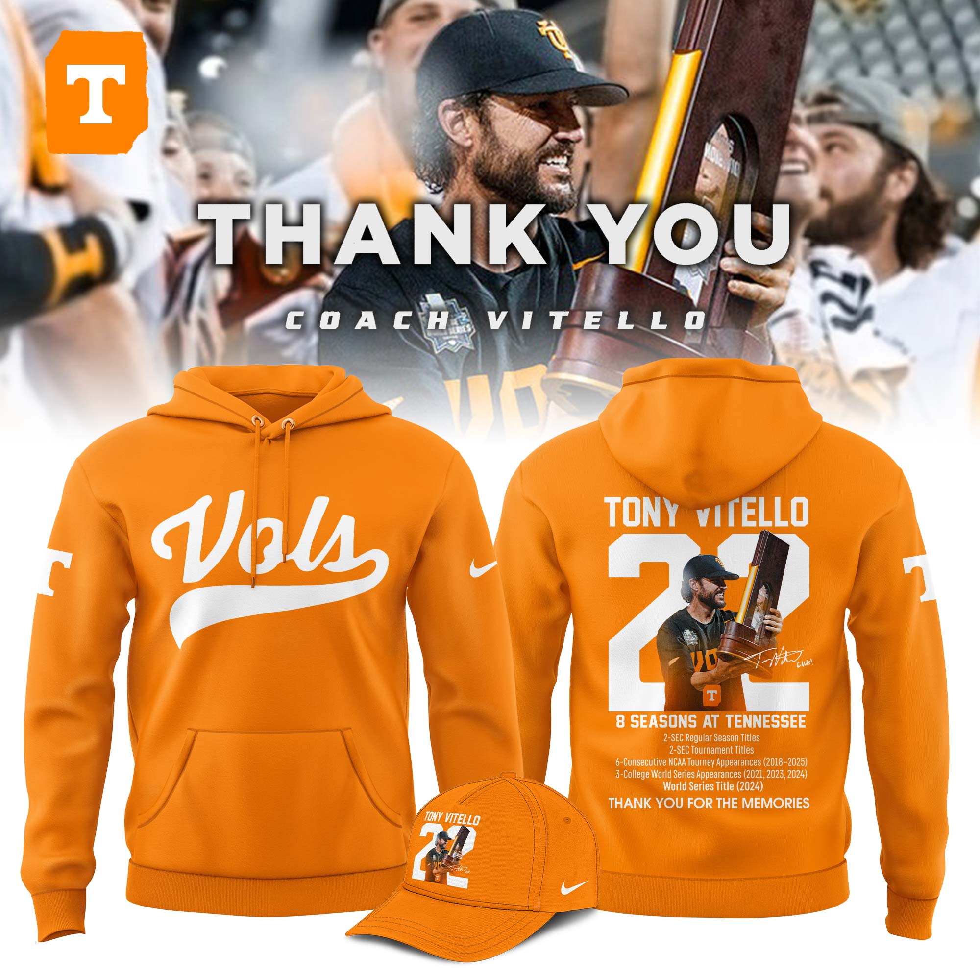 Tennessee Volunteers Thank You Coach Vitello Hoodie – Orange