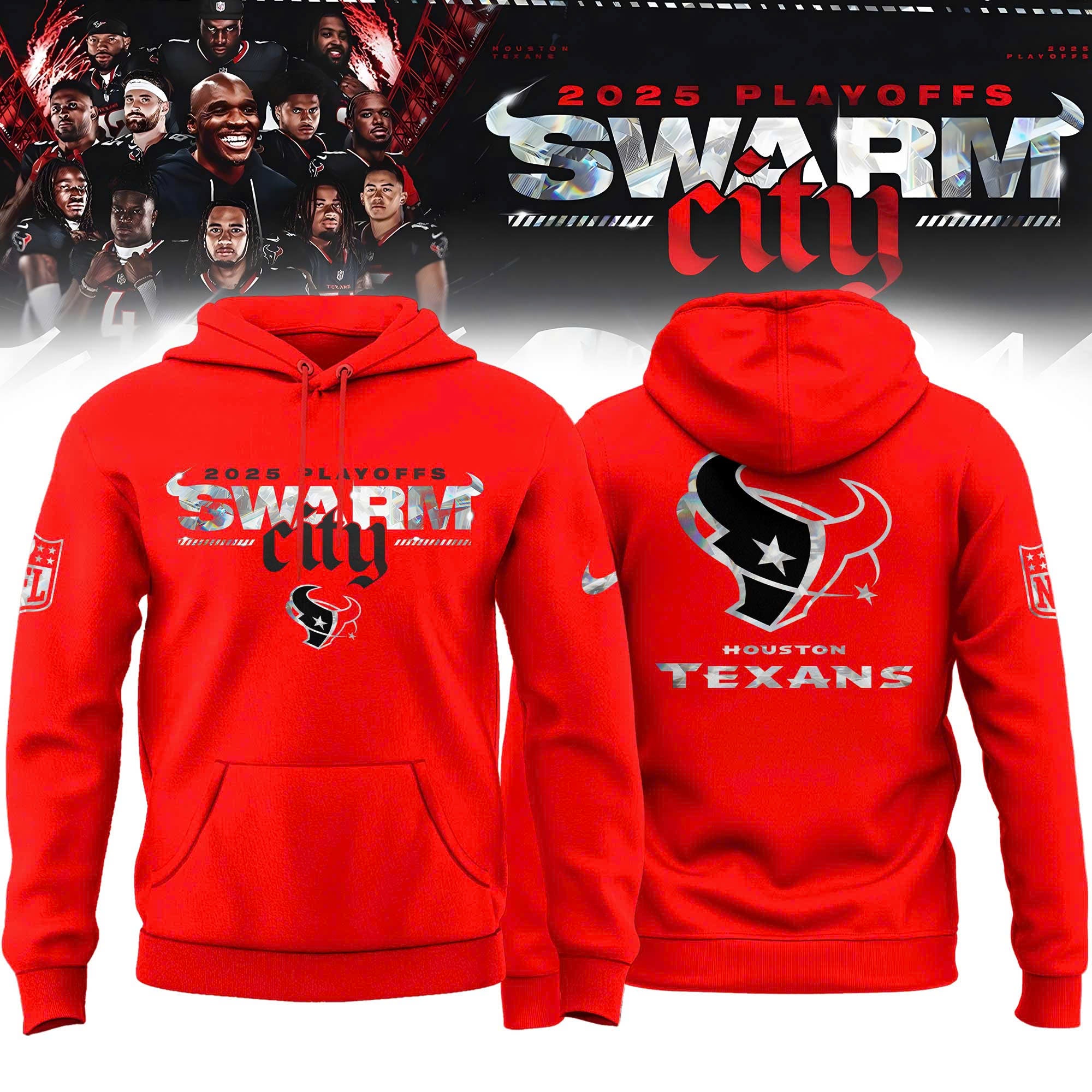 _Houston Texans 2025 NFL Playoffs S.W.A.R.M. City Special Edition Red Hoodie
