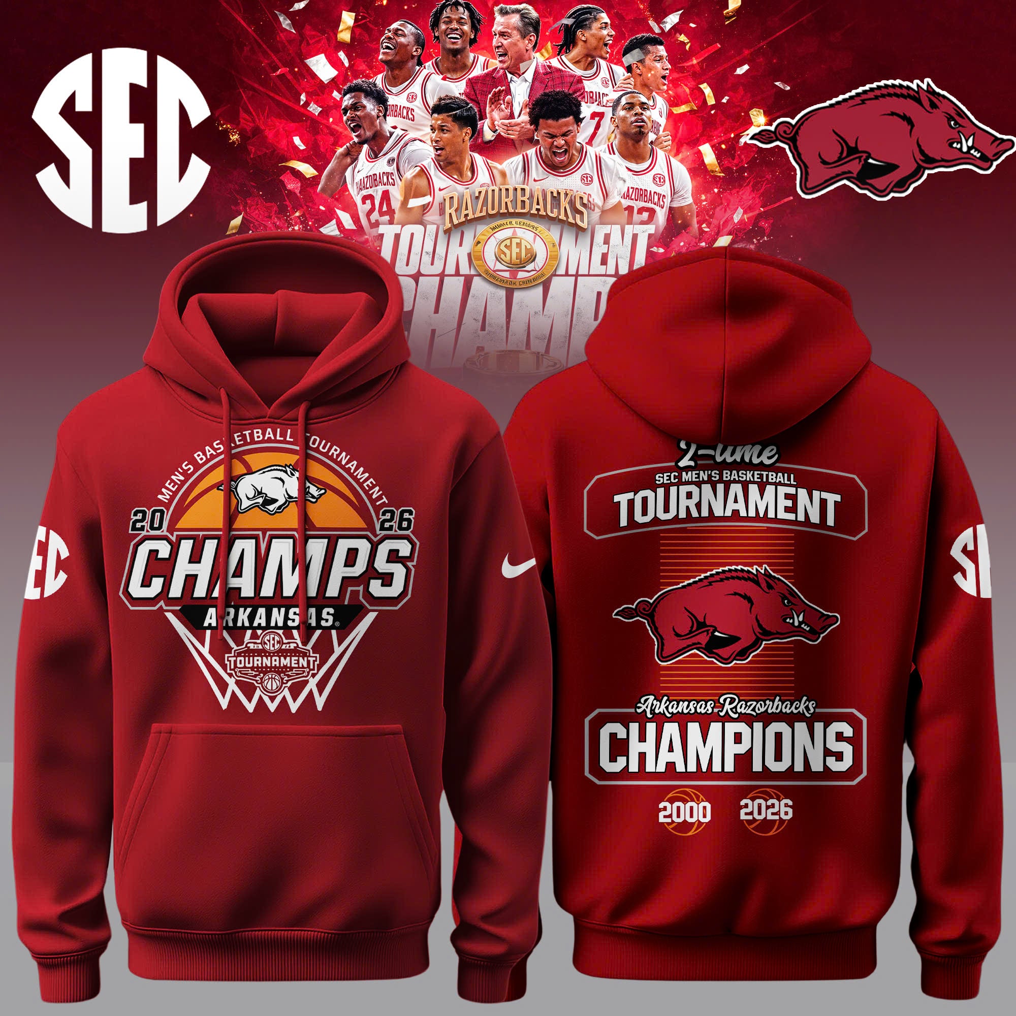 Arkansas Razorbacks 2026 SEC Men's Basketball Tournament Champions Locker Room Hoodie